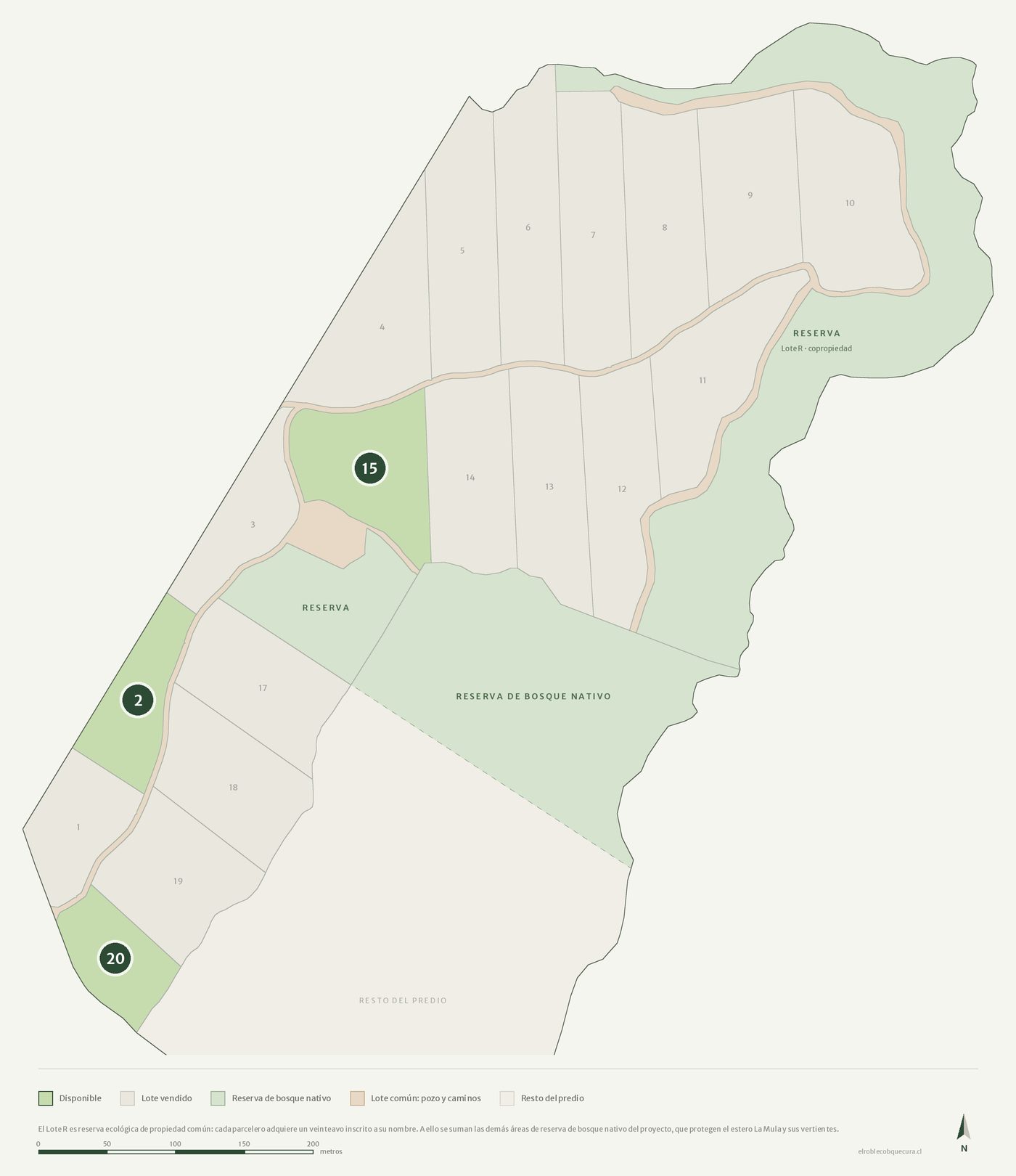 Masterplan del loteo El Roble en Sector San José, Cobquecura, con las tres parcelas disponibles y las áreas de reserva natural común